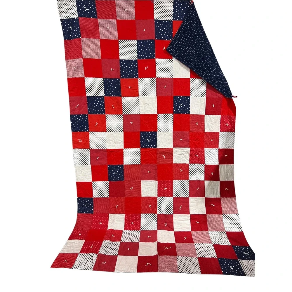 Handmade Reversible Red White Navy Patchwork Twin Quilt 52x82